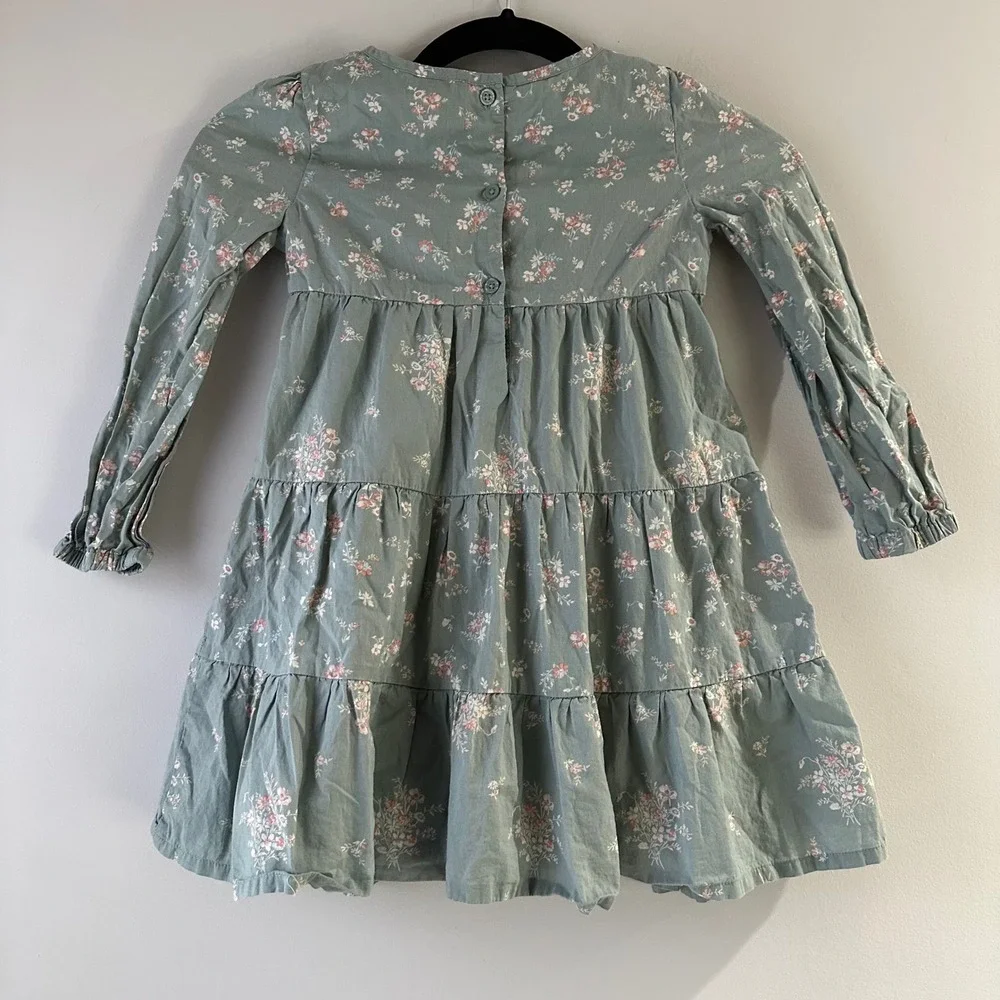 OshKosh B'gosh‎ Tiered Floral Dress Girls 5T Sage Green Excellent Long Sleeve